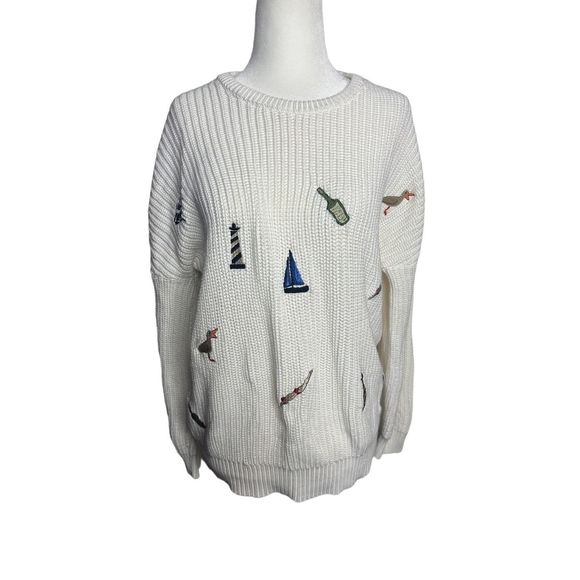 Letroyes Champagne France Beach‎ Coastal Cotton Chunky Knit Embroidered Sweater - Picture 1 of 6